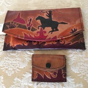 NEW genuine leather tooled wallet & key chain